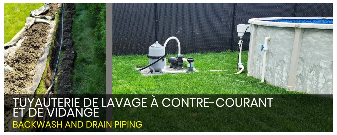 Pool drainage machine in a beautiful garden setting and Backwash and drain piping