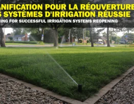 A photo is shown of a large garden being watered by sprinklers. ideal for the Irrigation Systems Reopening