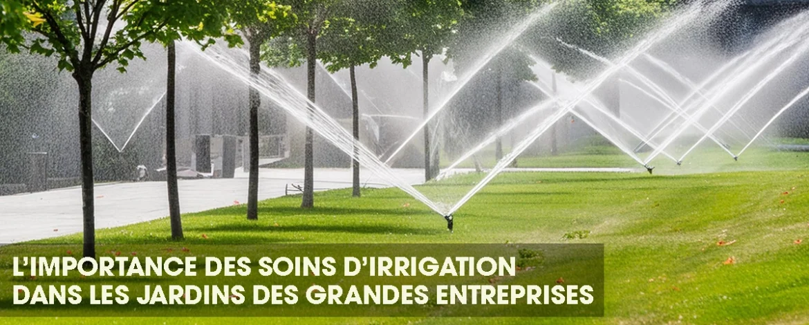 Arroseurs arrosant un grand jardin à proximité de plusieurs bâtiments