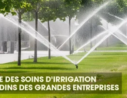 Arroseurs arrosant un grand jardin à proximité de plusieurs bâtiments