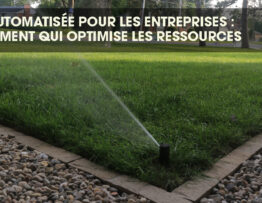 Sprinkler system watering a large company garden with multiple sprinklers in the background