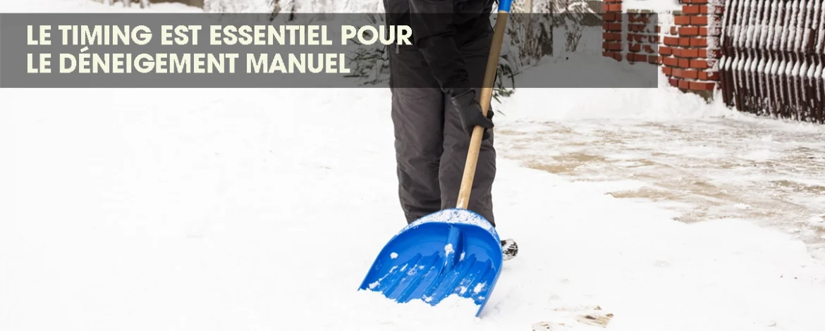 Person manually shoveling snow to clear a sidewalk, illustrating the importance of timing for snow shoveling.